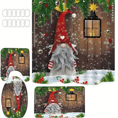 4pcs Dwarf Christmas Shower Curtain Bathroom Rug Set