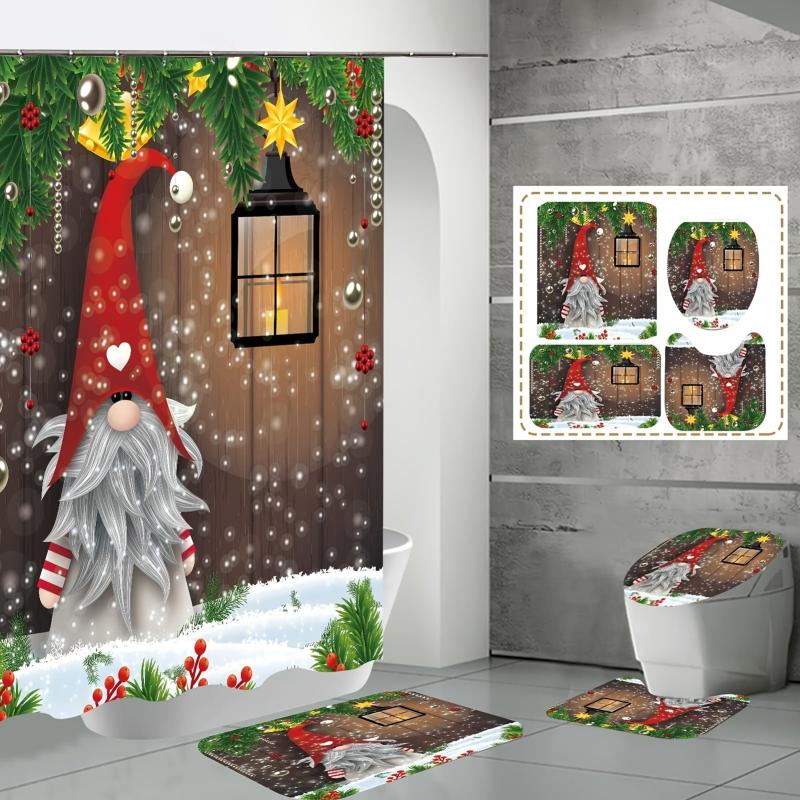 4pcs Dwarf Christmas Shower Curtain Bathroom Rug Set