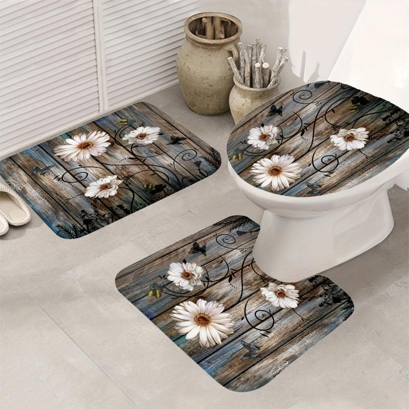 Non Slip Wooden Shower Curtain Set with 12 Hooks and Bathroom Decor