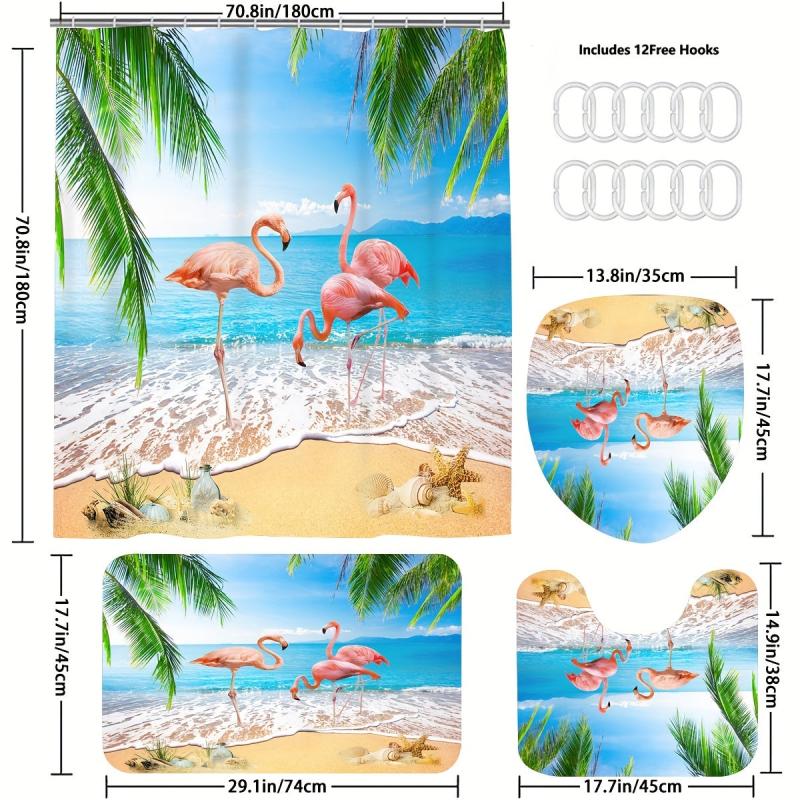 4pcs Flamingo Shower Curtain Set with Hooks & more