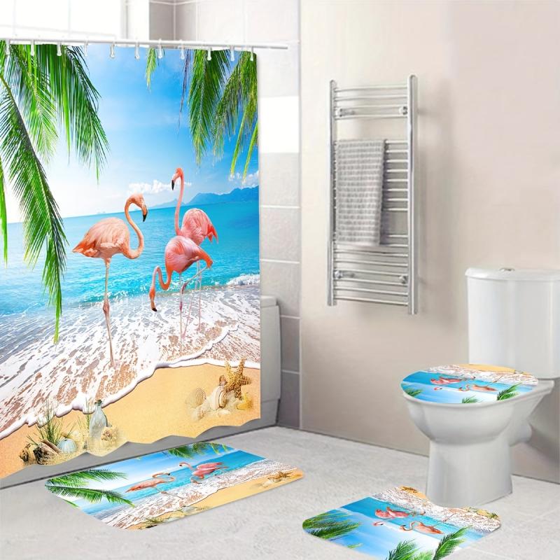4pcs Flamingo Shower Curtain Set with Hooks & more