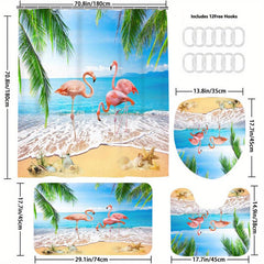 4pcs Flamingo Shower Curtain Set with Hooks & more