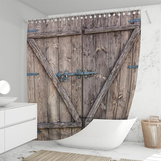 Rustic Wooden Barn Door Shower Curtain - Waterproof Fabric