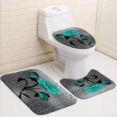 4pcs Rose Pattern Waterproof Shower Curtain Set with Bathroom Rug and Toilet Mat