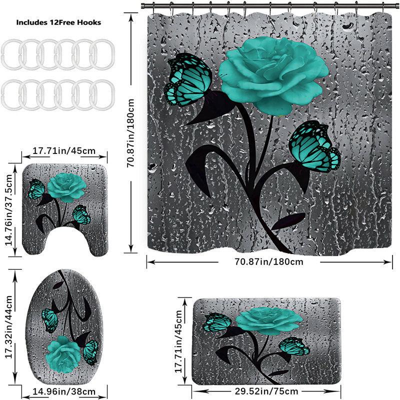 4pcs Rose Pattern Waterproof Shower Curtain Set with Bathroom Rug and Toilet Mat