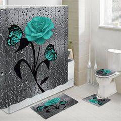 4pcs Rose Pattern Waterproof Shower Curtain Set with Bathroom Rug and Toilet Mat