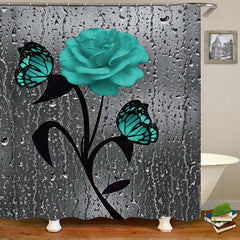 4pcs Rose Pattern Waterproof Shower Curtain Set with Bathroom Rug and Toilet Mat