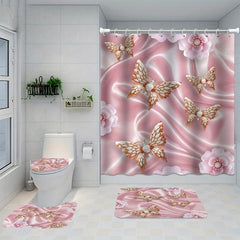 4pcs Christmas Waterproof Shower Curtain Set with Bath Mat and Toilet Seat Cover