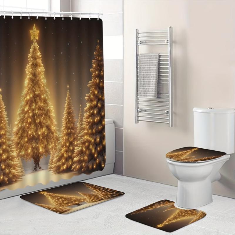 Golden Christmas Tree Shower Curtain Set