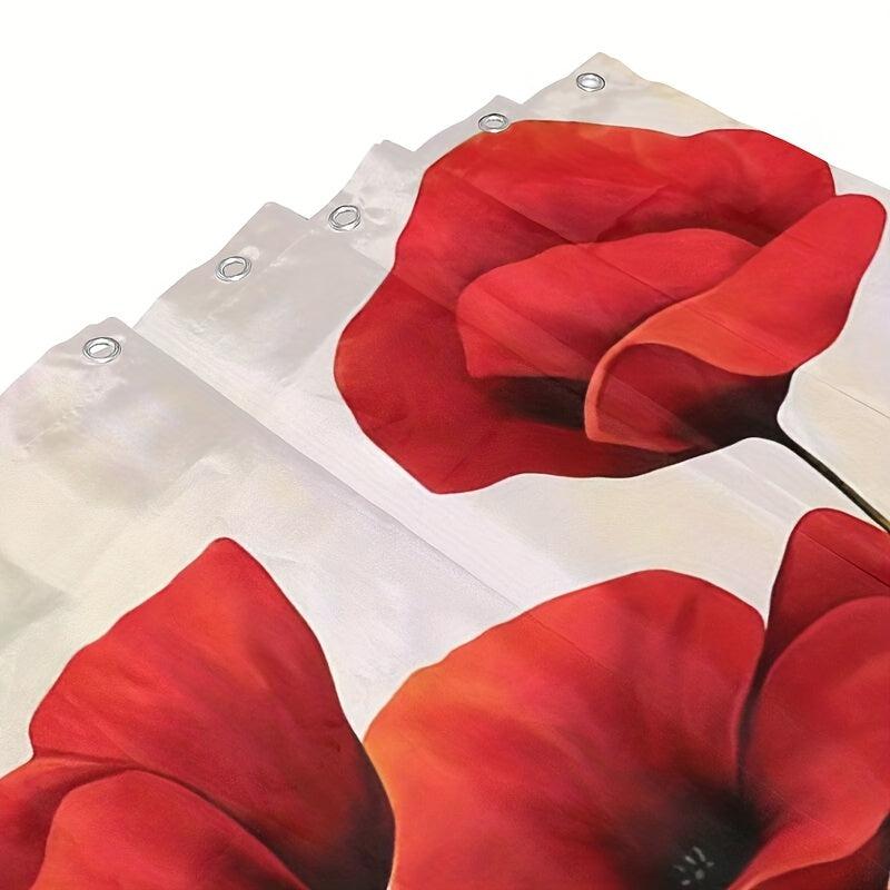 Red Flower Pattern Shower Curtain Waterproof Set