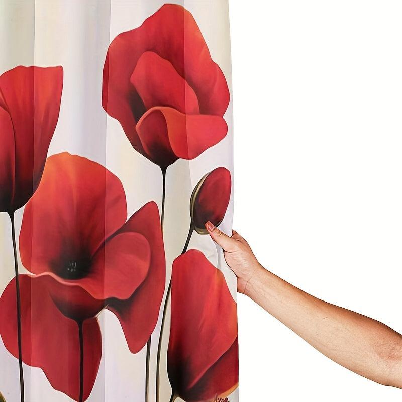 Red Flower Pattern Shower Curtain Waterproof Set