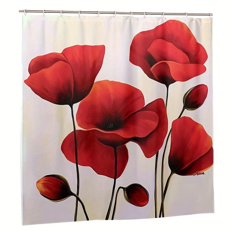 Red Flower Pattern Shower Curtain Waterproof Set