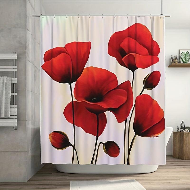 Red Flower Pattern Shower Curtain Waterproof Set