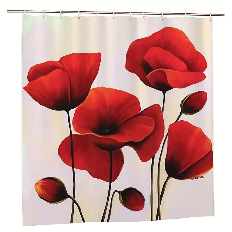 Red Flower Pattern Shower Curtain Waterproof Set