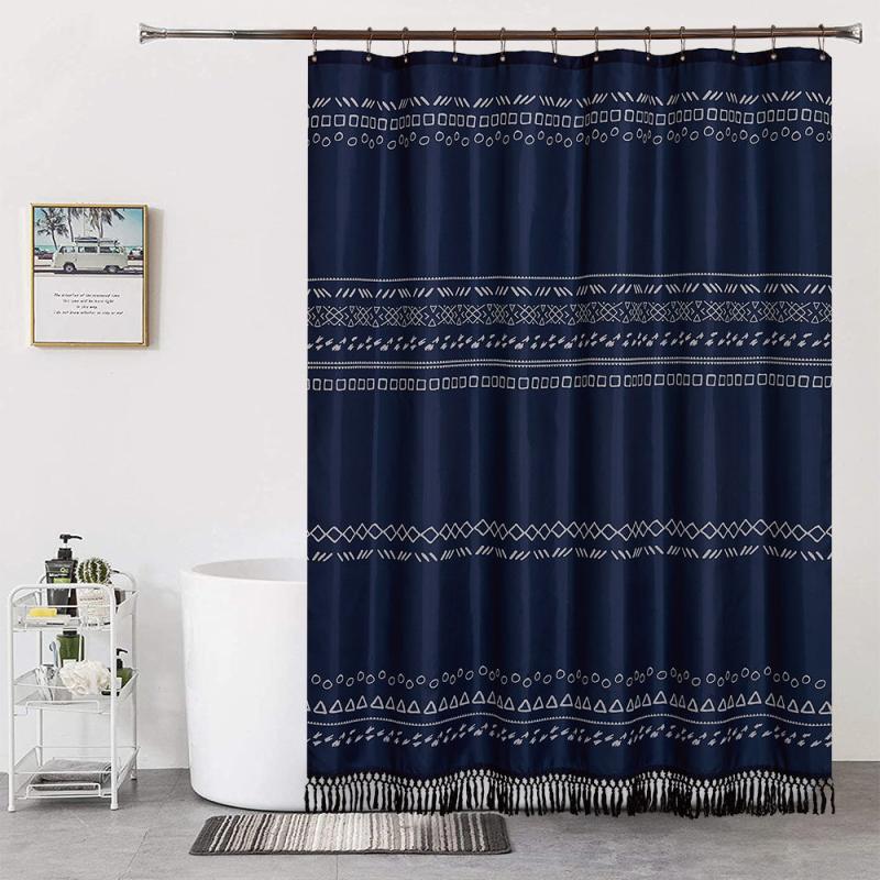 Boho Shower Curtain with Tassel Waterproof Geometric Fabric Bathroom