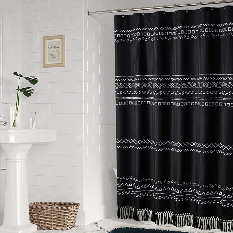 Boho Shower Curtain with Tassel Waterproof Geometric Fabric Bathroom