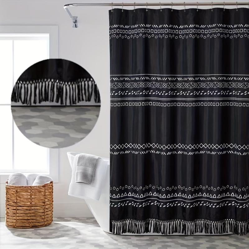 Boho Shower Curtain with Tassel Waterproof Geometric Fabric Bathroom