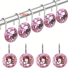 12pcs Pink Rhinestone Shower Curtain Hooks Decorative Round Shower Curtain Rings