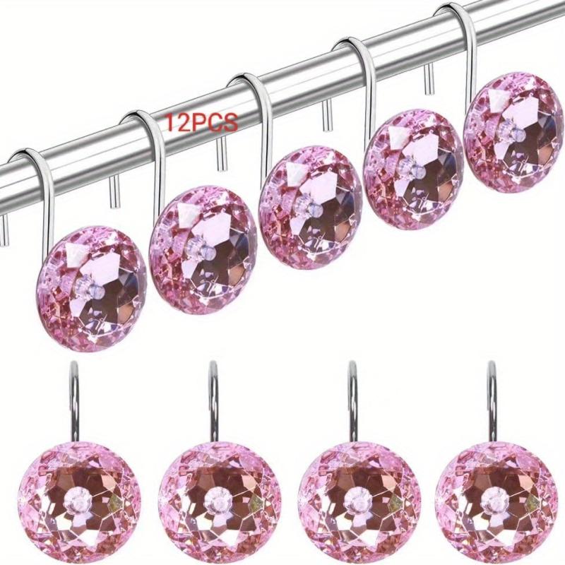 12pcs Pink Rhinestone Shower Curtain Hooks Decorative Round Shower Curtain Rings
