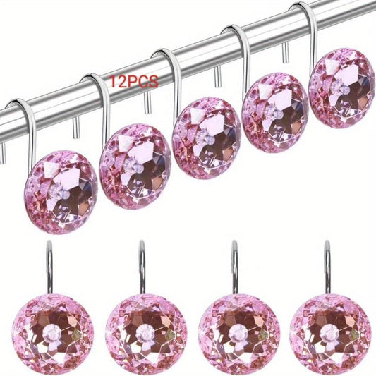 12pcs Pink Rhinestone Shower Curtain Hooks Decorative Round Shower Curtain Rings