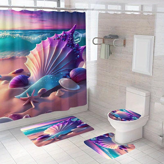 4PCS Seaside Beach Shell Decoration Shower Curtain Set