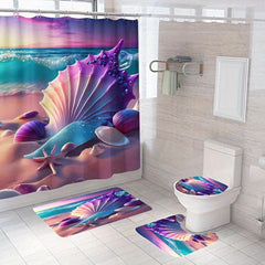 4PCS Seaside Beach Shell Decoration Shower Curtain Set