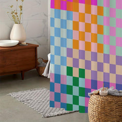 Colorful Checkered Shower Curtain with 12 Hooks