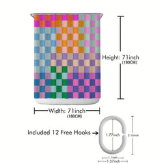 Colorful Checkered Shower Curtain with 12 Hooks