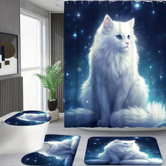 Cat Shower Curtain Set with 12 Hooks and Bathroom Rug - Bathroom Decor