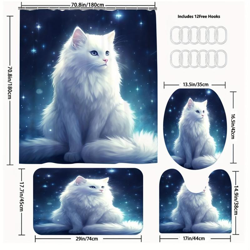 Cat Shower Curtain Set with 12 Hooks and Bathroom Rug - Bathroom Decor