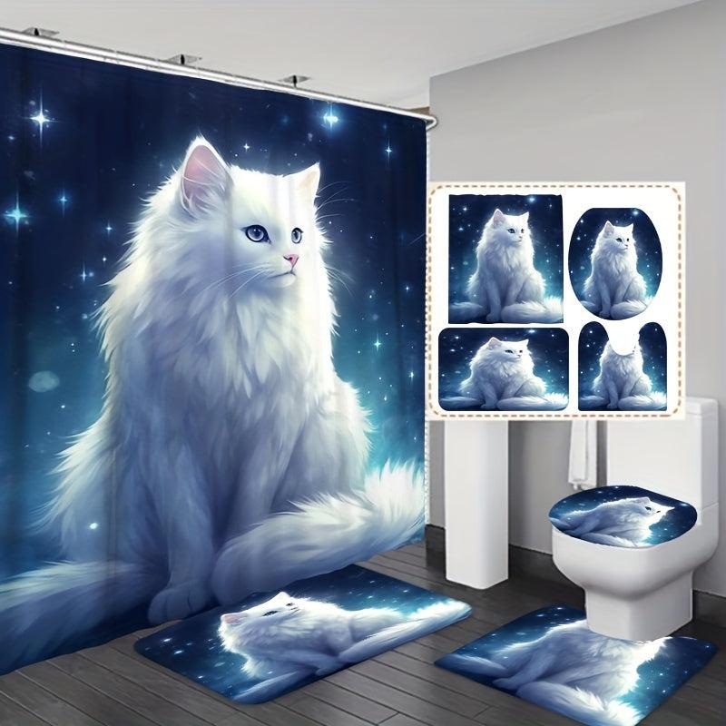 Cat Shower Curtain Set with 12 Hooks and Bathroom Rug - Bathroom Decor