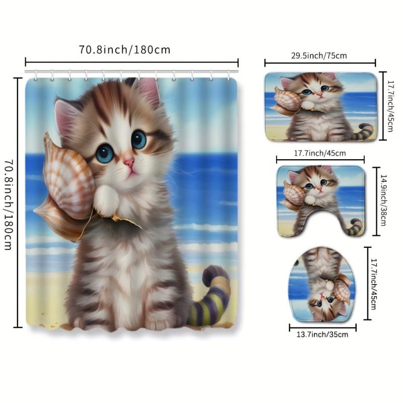 Waterproof Cartoon Cat Shower Curtain Set