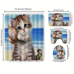Waterproof Cartoon Cat Shower Curtain Set