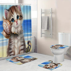 Waterproof Cartoon Cat Shower Curtain Set