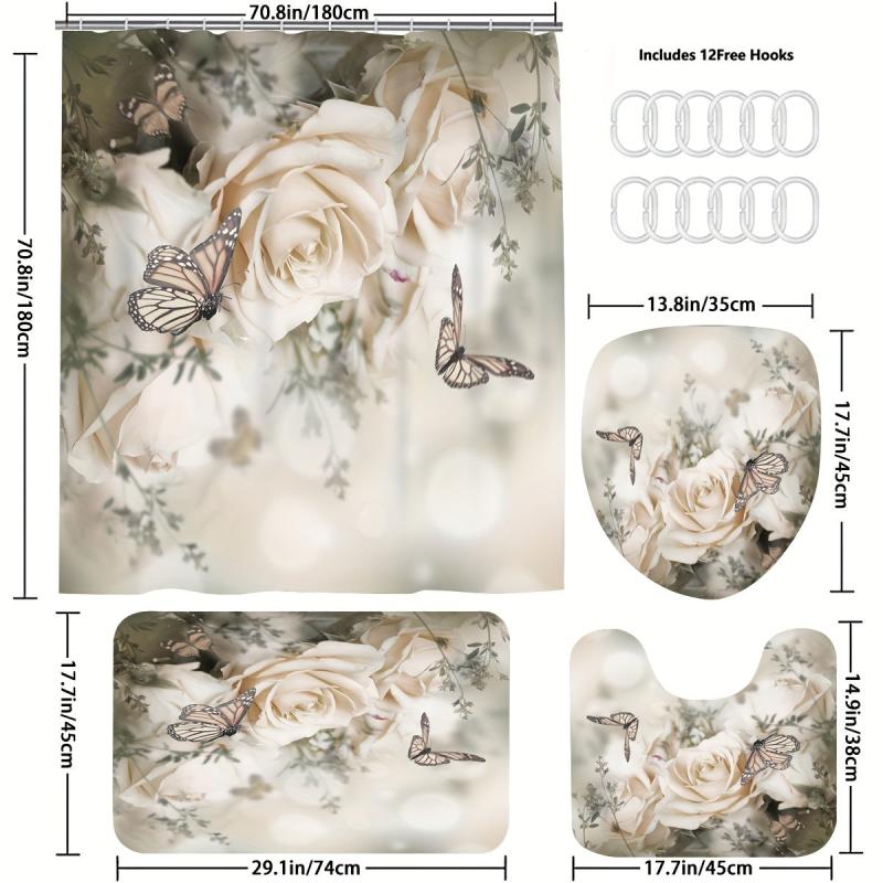 4pcs Rose & Butterfly Shower Curtain Set Waterproof Bathroom Decor