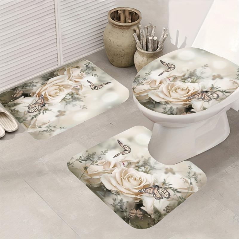 4pcs Rose & Butterfly Shower Curtain Set Waterproof Bathroom Decor