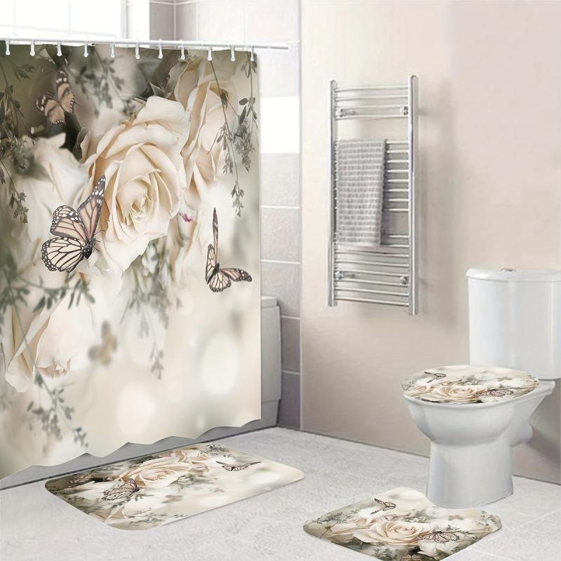 4pcs Rose & Butterfly Shower Curtain Set Waterproof Bathroom Decor