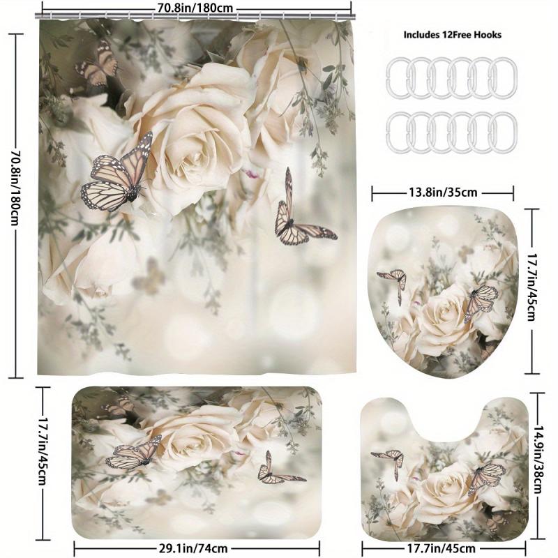 4pcs Rose & Butterfly Shower Curtain Set Waterproof Bathroom Decor