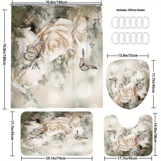 4pcs Rose & Butterfly Shower Curtain Set Waterproof Bathroom Decor