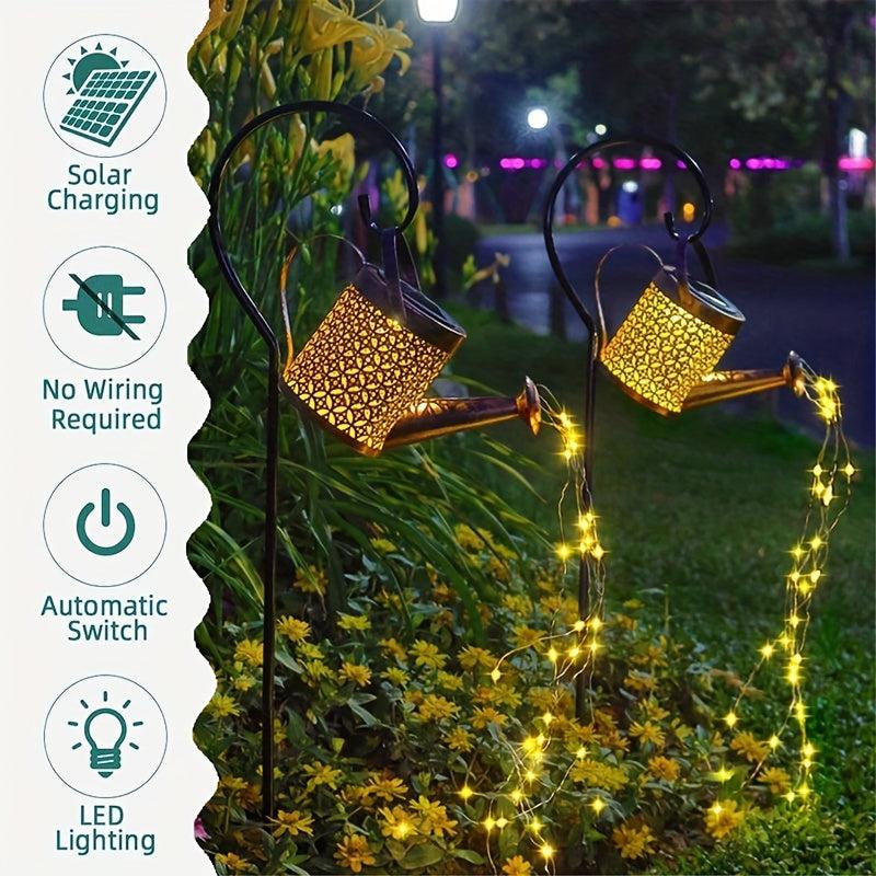 Solar Watering Can Lamp Hanging Waterfall Outdoor Garden Decoration