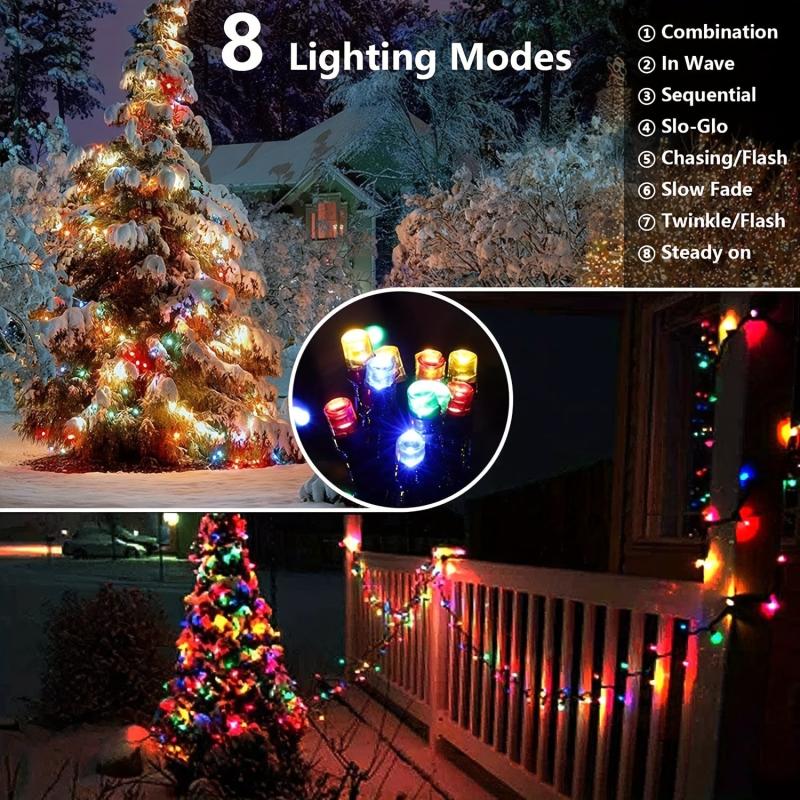 8-Mode LED Solar String Lights Green Wire Waterproof Outdoor Christmas Decor