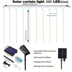 200 LEDs Solar Curtain Lights Outdoor Remote Control Fairy Lights