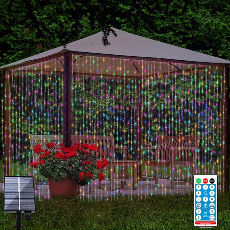 200 LEDs Solar Curtain Lights Outdoor Remote Control Fairy Lights