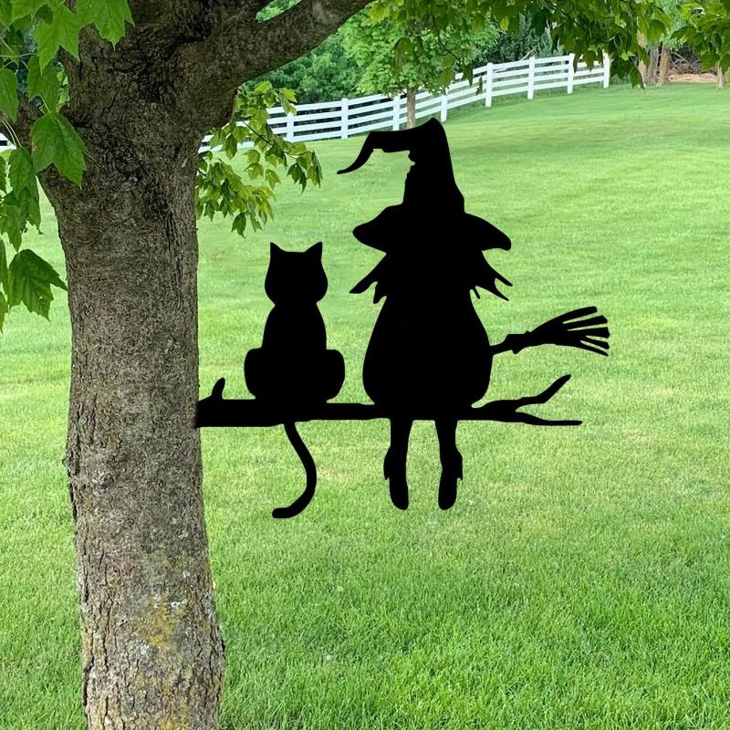 Iron Witch And Cat Garden Stake Yard Art Decor Tree Stump Plug-in