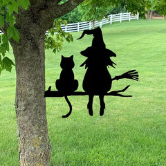 Iron Witch And Cat Garden Stake Yard Art Decor Tree Stump Plug-in