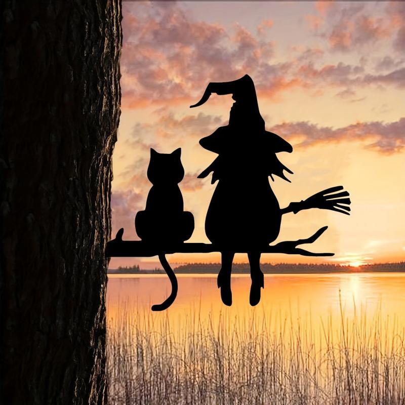 Iron Witch And Cat Garden Stake Yard Art Decor Tree Stump Plug-in
