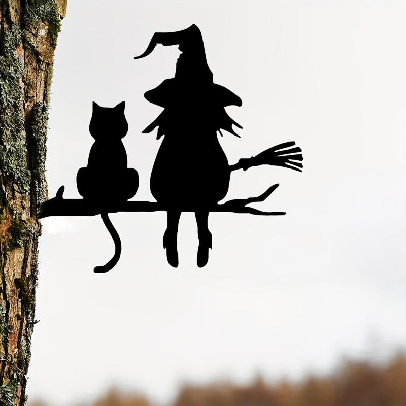 Iron Witch And Cat Garden Stake Yard Art Decor Tree Stump Plug-in