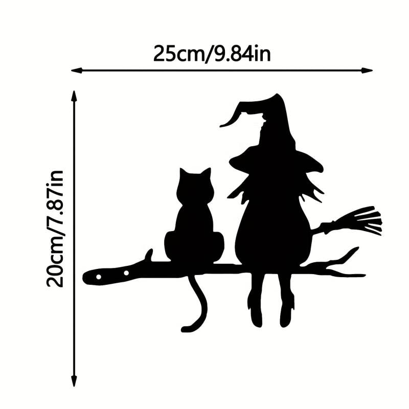 Iron Witch And Cat Garden Stake Yard Art Decor Tree Stump Plug-in