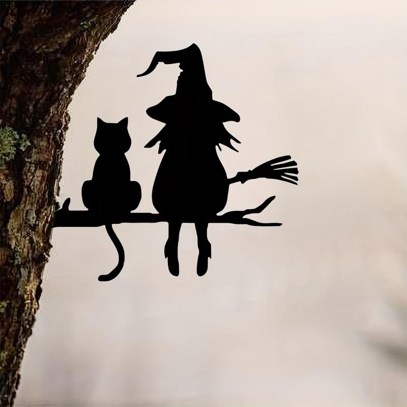 Iron Witch And Cat Garden Stake Yard Art Decor Tree Stump Plug-in