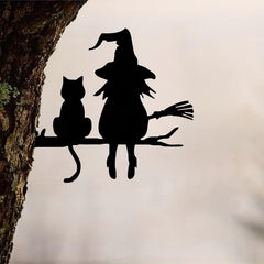 Iron Witch And Cat Garden Stake Yard Art Decor Tree Stump Plug-in